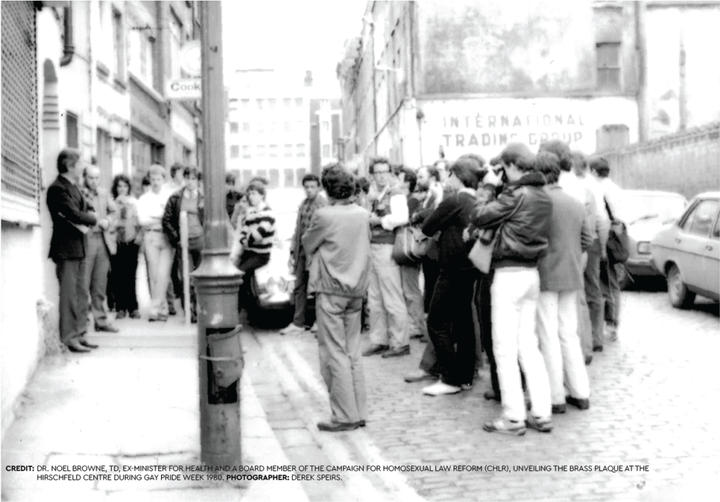 Credit: Dr. Noel Browne, TD, ex-Minister for Health and a board member of the
Campaign for Homosexual Law Reform (CHLR), unveiling the brass plaque at the
Hirschfeld Centre during Gay Pride Week 1980.
Photographer: Derek Speirs.