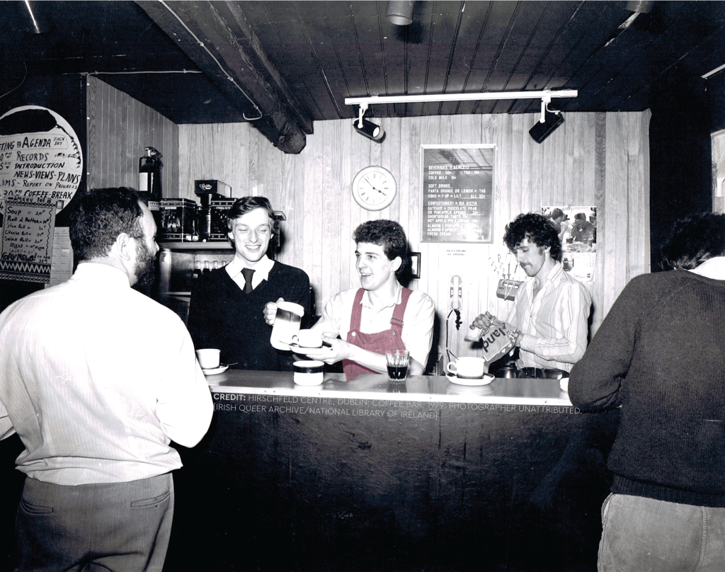 Credit: Hirschfeld Centre, Dublin; coffee bar, 1979: Photographer unattributed.
[Irish Queer Archive/National Library of Ireland]